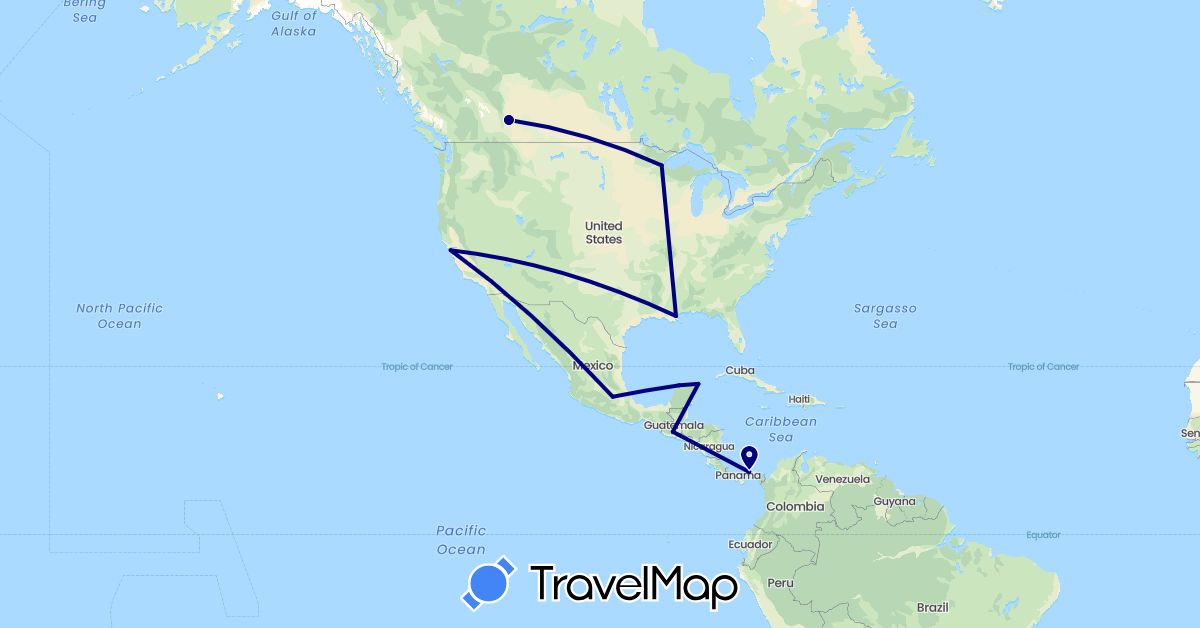 TravelMap itinerary: driving in Canada, Guatemala, Mexico, Panama, United States (North America)